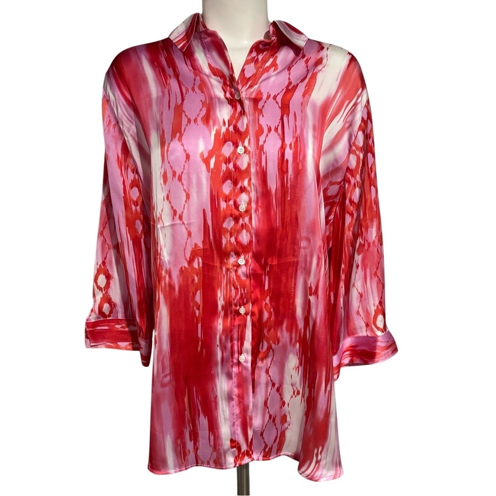 Vibrant Red & Pink Satin Button-Up Blouse